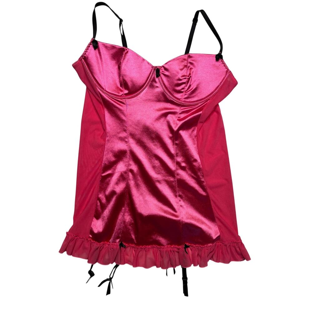 Y2K Pink Satin Dreamgirl Bustier Mini Dress Lingerie Slip Garter Babydoll 1 XL
